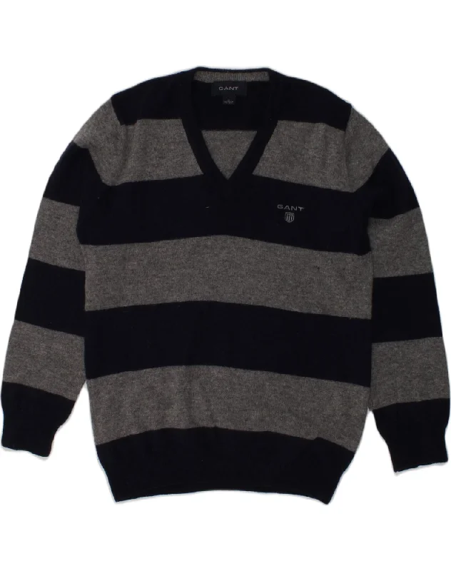 men's elegant wool sweaters -GANT Boys V-Neck Jumper Sweater 7-8 Years Medium  Black Striped Lambswool