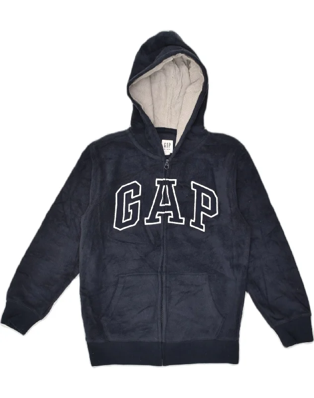 men's patterned sweaters -GAP Boys Fleece Graphic Zip Hoodie Sweater 11-12 Years Large Navy Blue