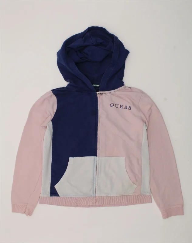 men's performance sweaters -GUESS Girls Zip Hoodie Sweater 11-12 Years Pink Colourblock Cotton