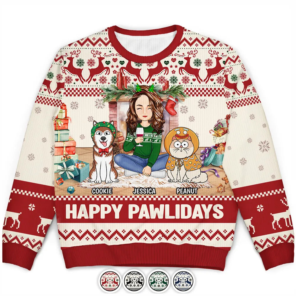 men's modern pullover sweaters -Happy Great Pawlidays Christmas Dogs Cats Pets - Personalized Unisex Ugly Sweater