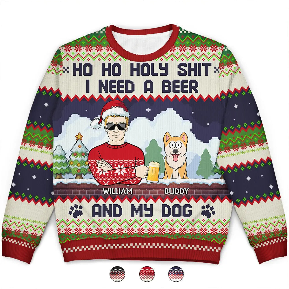 men's sweater for cold weather -Ho Ho Holy I Need A Beer Funny Cartoon Dog Cat - Personalized Unisex Ugly Sweater