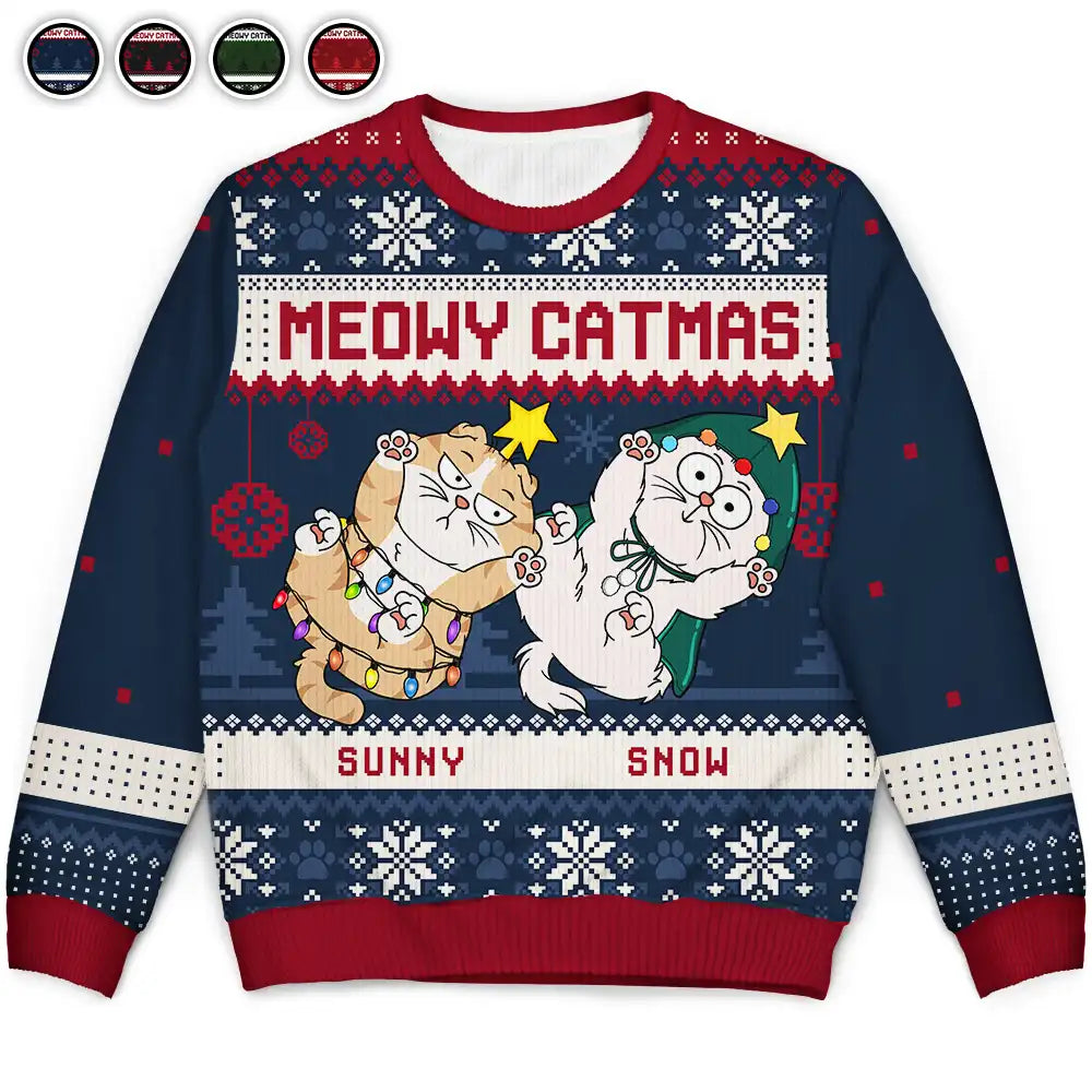 men's breathable cotton sweaters -Meowy Catmas Funny Cats Showing Tummy - Personalized Unisex Ugly Sweater