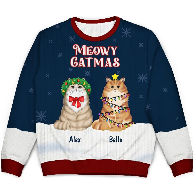 men's soft knit sweaters -Meowy Catmas - Gift For Cat Lovers - Personalized Unisex Ugly Sweater