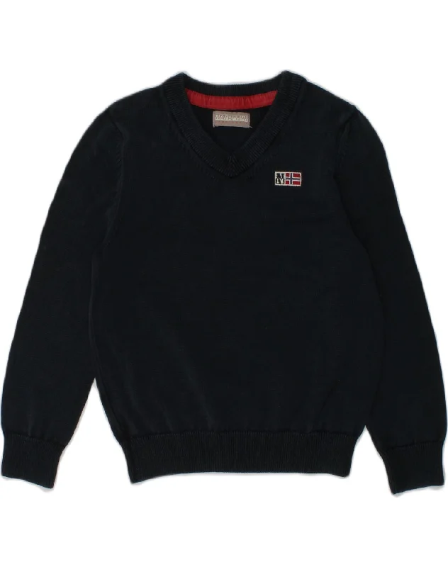 men's knitted sweaters -NAPAPIJRI Boys V-Neck Jumper Sweater 3-4 Years Navy Blue Cotton