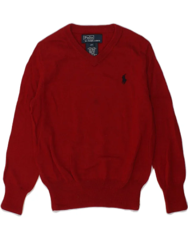 men's hooded sweaters -POLO RALPH LAUREN Boys V-Neck Jumper Sweater 3-4 Years Red Merino Wool