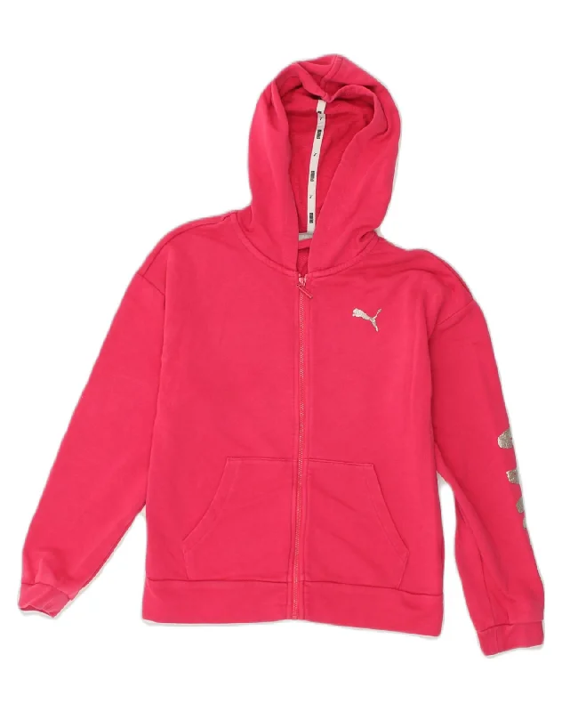 men's v-neck sweaters -PUMA Girls Graphic Zip Hoodie Sweater 11-12 Years Pink Cotton