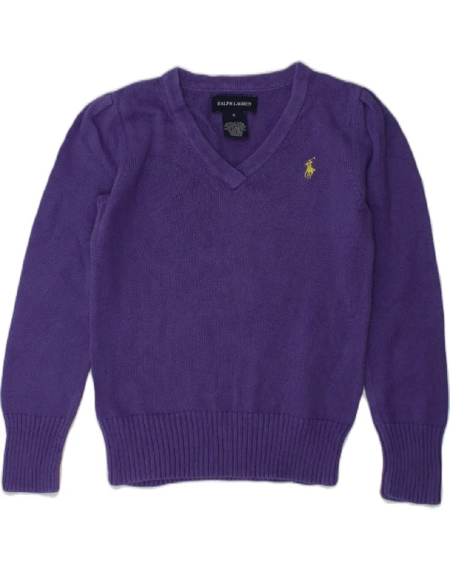 men's turtleneck sweaters -RALPH LAUREN Girls V-Neck Jumper Sweater 4-5 Years Purple Cotton