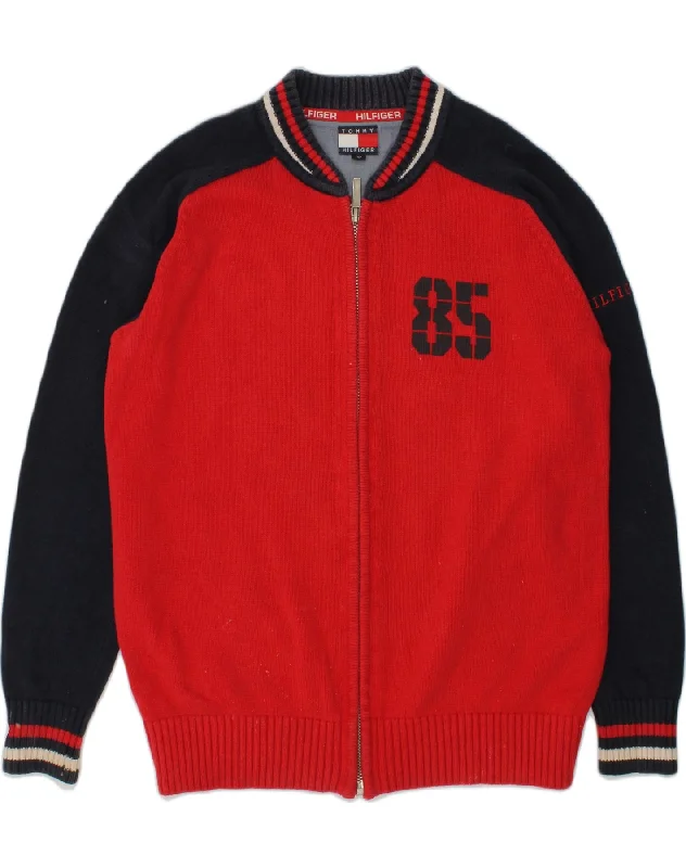 men's zip-up sweaters -TOMMY HILFIGER Boys Cardigan Sweater 9-10 Years Red Colourblock