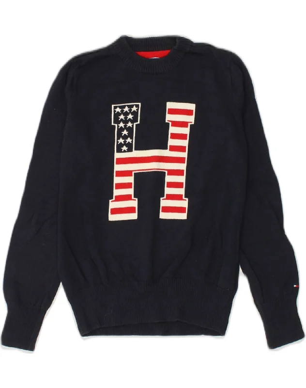 men's soft knit sweaters -TOMMY HILFIGER Boys Graphic Crew Neck Jumper Sweater 10-11 Years Navy Blue