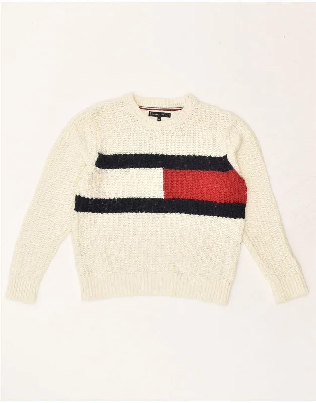 men's stylish cardigans -TOMMY HILFIGER Boys Graphic Crew Neck Jumper Sweater 9-10 Years White