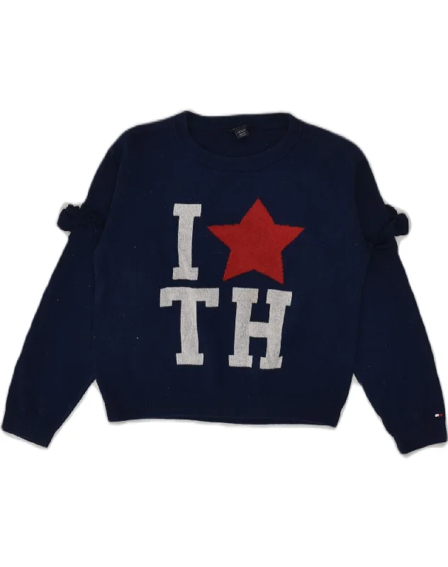 men's comfortable wool sweaters -TOMMY HILFIGER Girls Graphic Crew Neck Jumper Sweater 8-9 Years Navy Blue