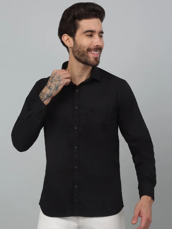 men's trendy shirts for men -Men's Black Casual Plain Stretch Full Sleeve Shirt