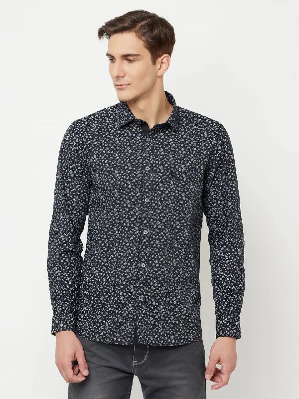 men's dress shirts for work -Men's Black Casual Floral Ditsy Print Full Sleeve Shirt