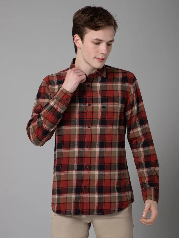 men's classic shirts -Men's Red Casual Brushed Big Checks Full Sleeve Shirt