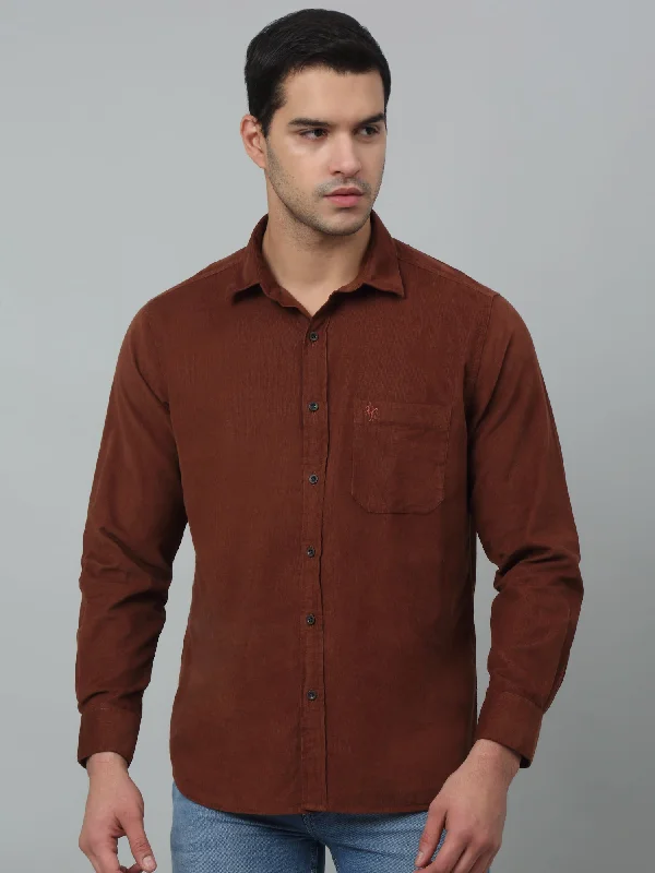 men's office shirts -Men's Brown Casual Plain Corduroy Full Sleeve Shirt