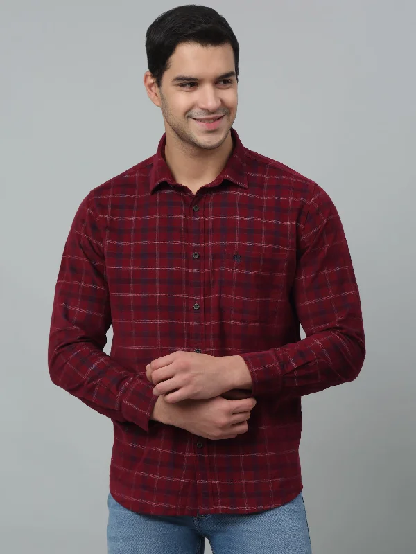 men's cotton shirts -Men's Red Casual Medium Checks Corduroy Full Sleeve Shirt