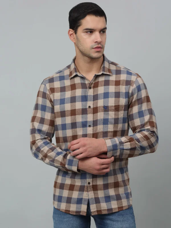 men's linen shirts -Men's Beige Casual Brushed Medium Checks Full Sleeve Shirt