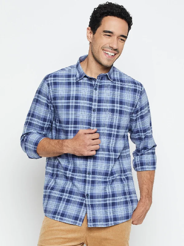 men's basic button-up shirts -Men's Blue Casual Big Checks Full Sleeve Shirt