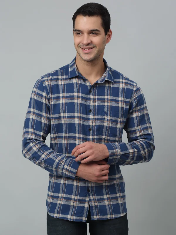 men's polo shirts -Men's Blue Casual Brushed Big Checks Full Sleeve Shirt