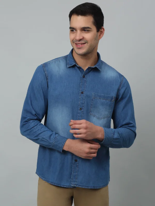 men's casual button-down shirts -Men's Mid Blue Casual Denim Full Sleeve Shirt