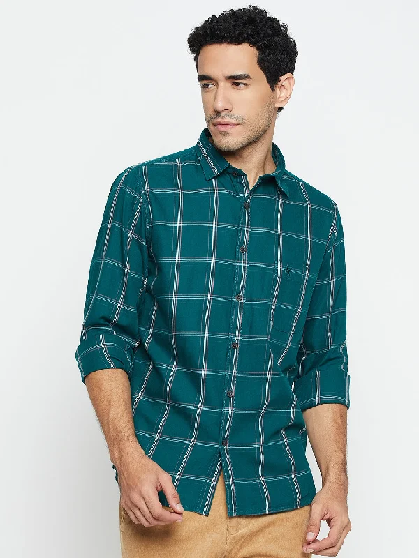 men's designer shirts -Men's Bottle Green Casual Big Checks Full Sleeve Shirt