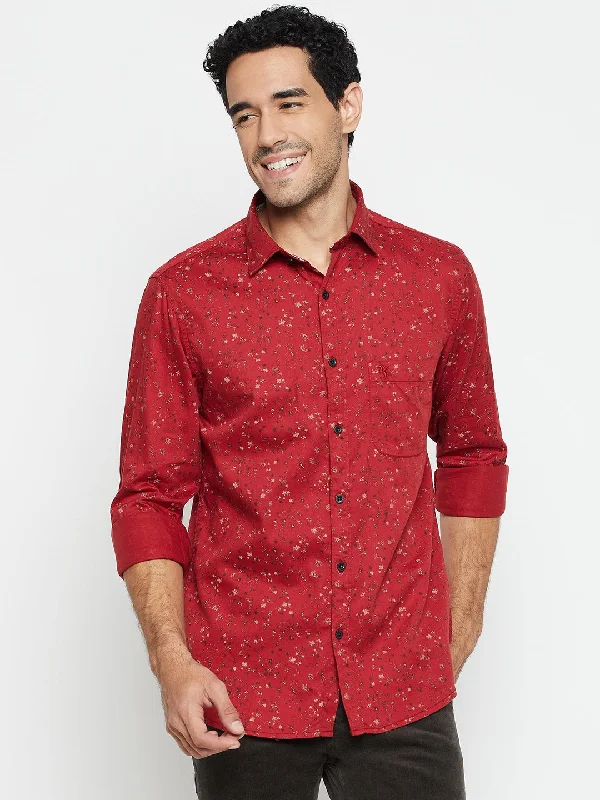 men's office button-up shirts -Men's Red Casual Floral Print Full Sleeve Shirt