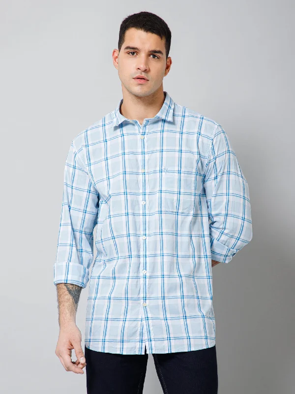 men's trendy shirts for men -Men's Aqua Blue Casual Big Checks Full Sleeve Shirt