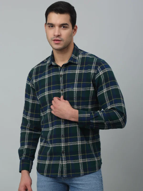 men's short-sleeve shirts -Men's Green Casual Brushed Big Checks Full Sleeve Shirt