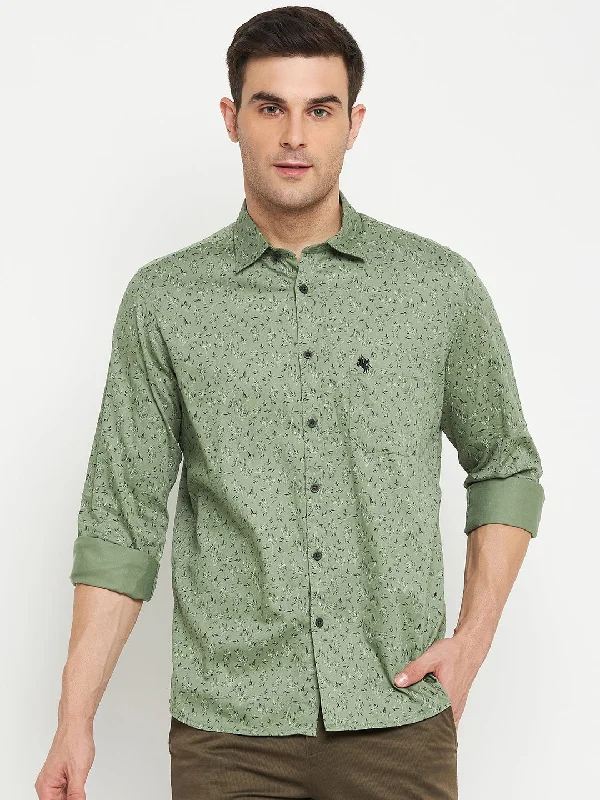 men's smart casual shirts -Men's Light Olive Casual Floral Print Full Sleeve Shirt