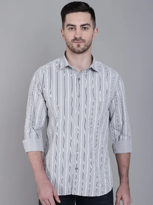 men's embroidered shirts -Men's Light Grey Casual Narrow Stripe Full Sleeve Shirt