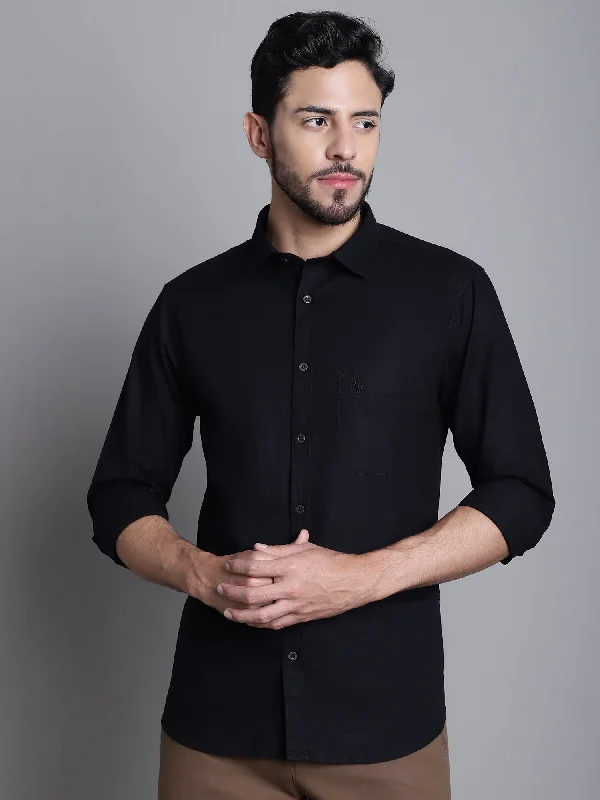 men's custom-fit shirts -Men's Black Casual Self Textured Full Sleeve Shirt