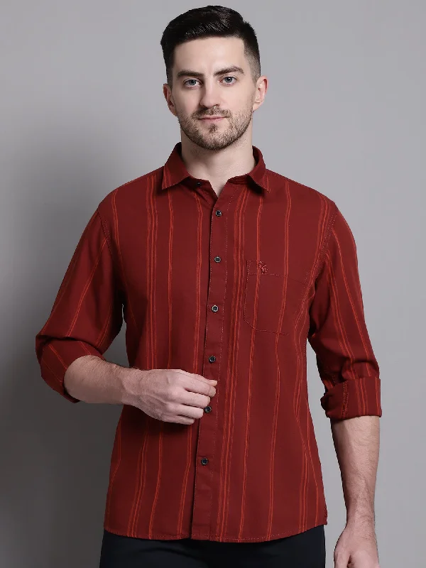 men's versatile button-up shirts -Men's Maroon Casual Broad Stripe Full Sleeve Shirt