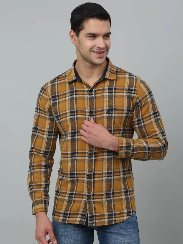 men's denim shirts -Men's Mustard Casual Brushed Big Checks Full Sleeve Shirt