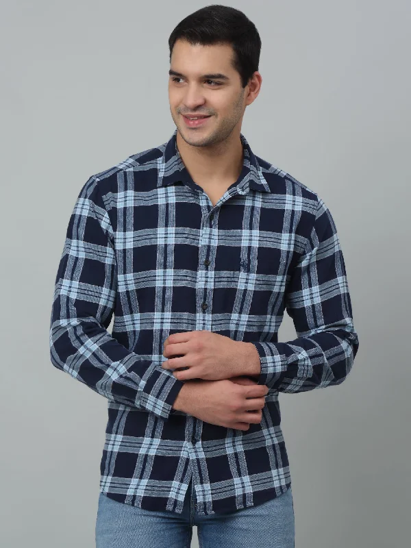 men's checkered shirts -Men's Navy Blue Casual Brushed Big Checks Full Sleeve Shirt