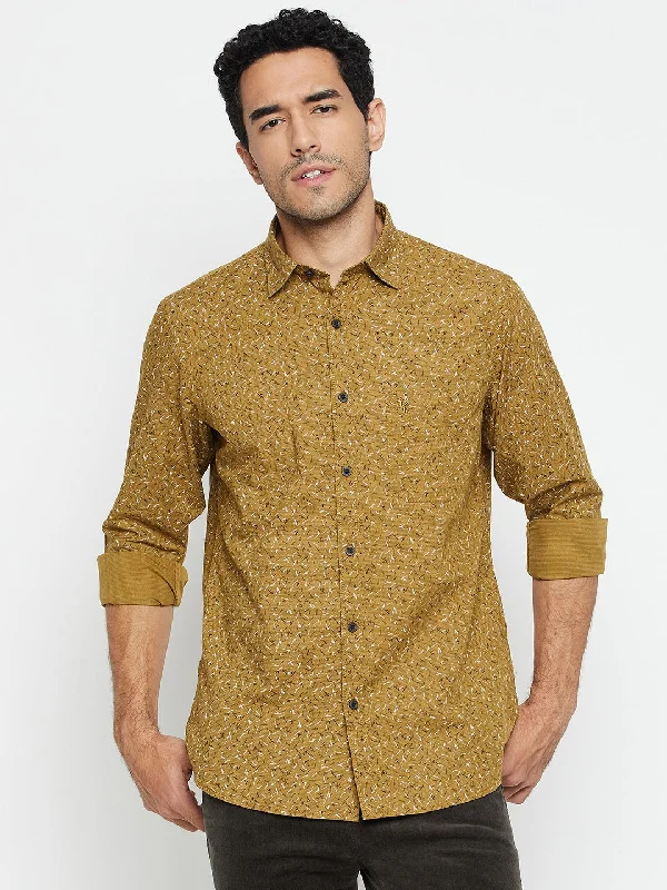 men's stylish office shirts -Men's Olive Green Casual Ditsy Print Full Sleeve Shirt