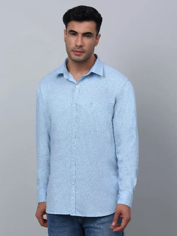 men's long-sleeve shirts -Men's Light Blue Casual Ditsy Print Full Sleeve Shirt