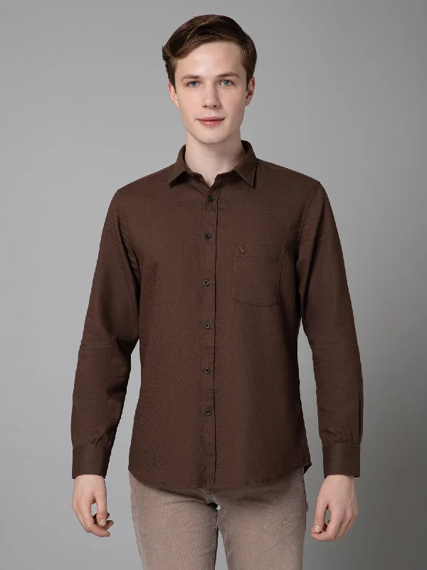 men's business casual shirts -Men's Brown Casual Self Textured Full Sleeve Shirt