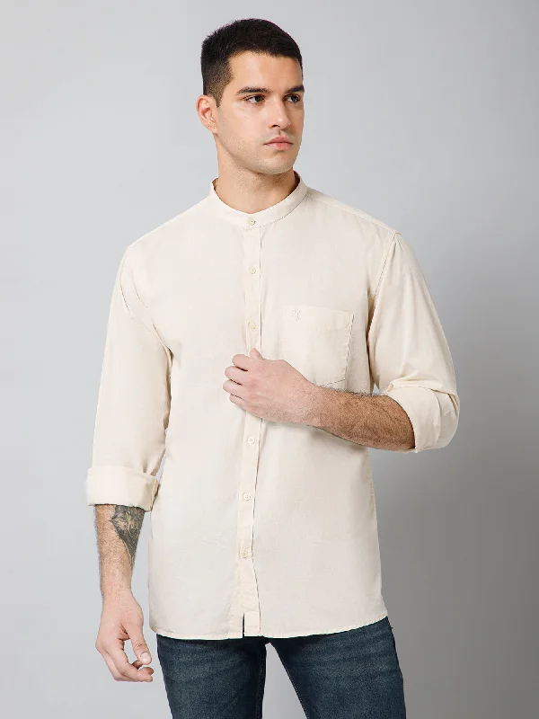 men's elegant dress shirts -Men's Ecru Casual Plain Full Sleeve Shirt