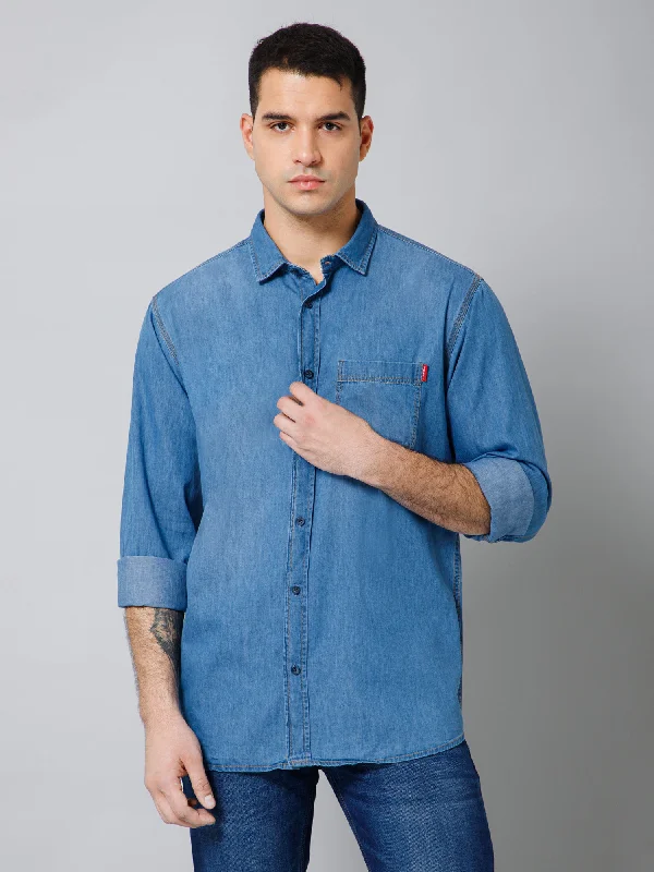 men's casual shirts for summer -Men's Denim Blue Casual Plain Full Sleeve Shirt