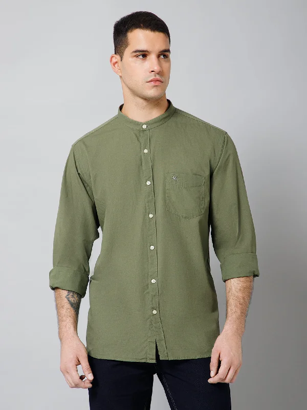 men's comfortable dress shirts -Men's Olive Green Casual Plain Full Sleeve Shirt