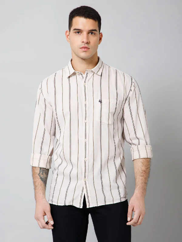 men's comfortable work shirts -Men's Beige Casual Broad Stripe Full Sleeve Shirt