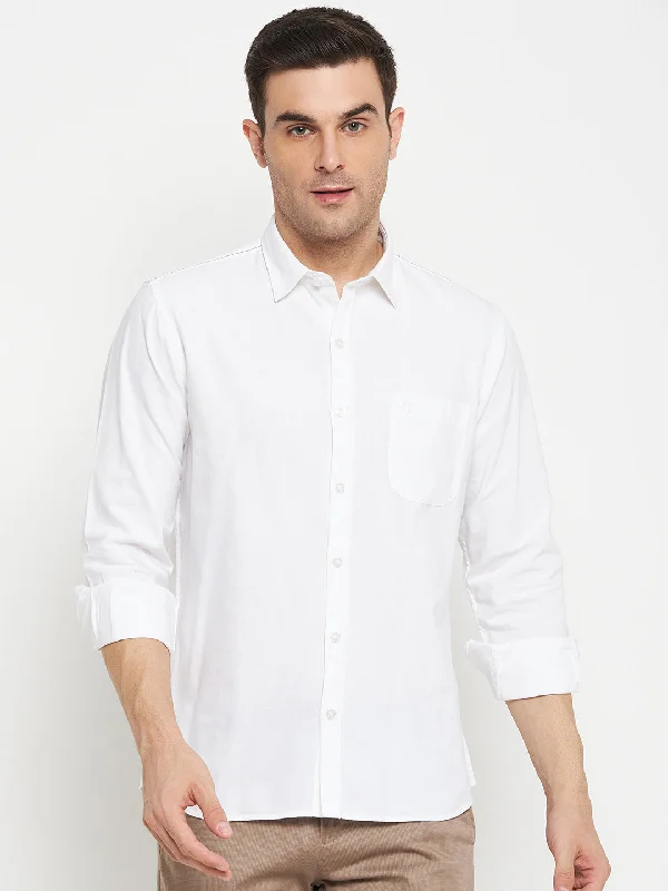 men's solid color shirts -Men's White Casual Self Textured Full Sleeve Shirt