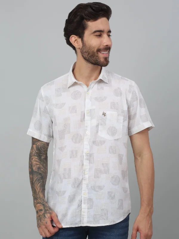 men's slim-fit dress shirts -Men's Cream Casual Geometric Print Half sleeve Shirt