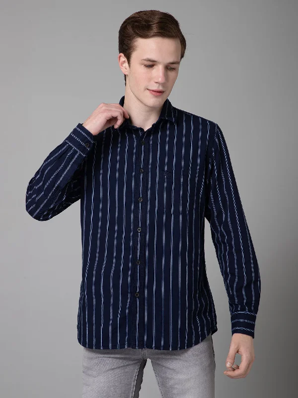 men's performance shirts -Men's Denim Blue Casual Narrow Stripe Full Sleeve Shirt