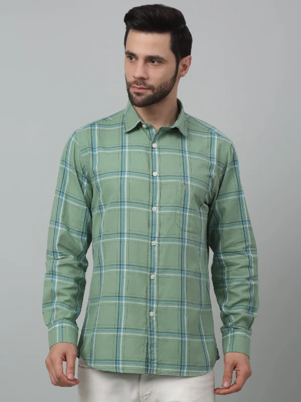 men's office button-up shirts -Men's Green Casual Big Checks Full Sleeve Shirt