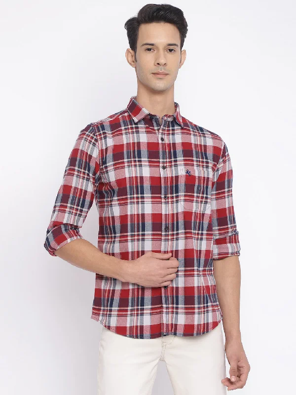 men's casual button-down shirts -Men's Red Casual Big Checks Full Sleeve Shirt