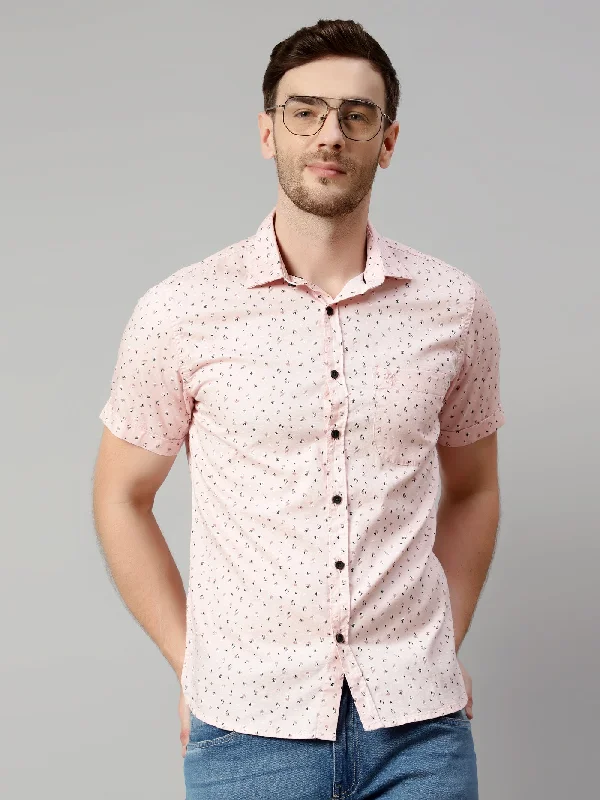 men's polo shirts -Men's Baby Pink Casual Floral Print Half Sleeve Shirt