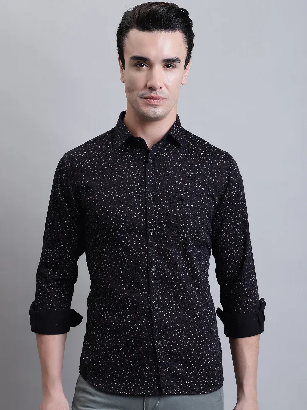 men's cool patterned shirts -Men's Black Casual Floral Print Full Sleeve Shirt