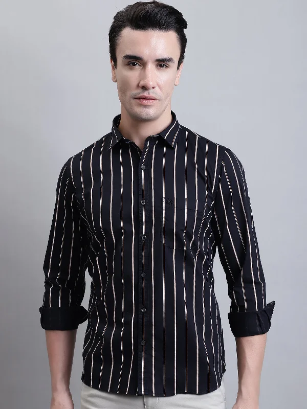 men's classic short-sleeve shirts -Men's Black Casual Broad Stripe Full Sleeve Shirt