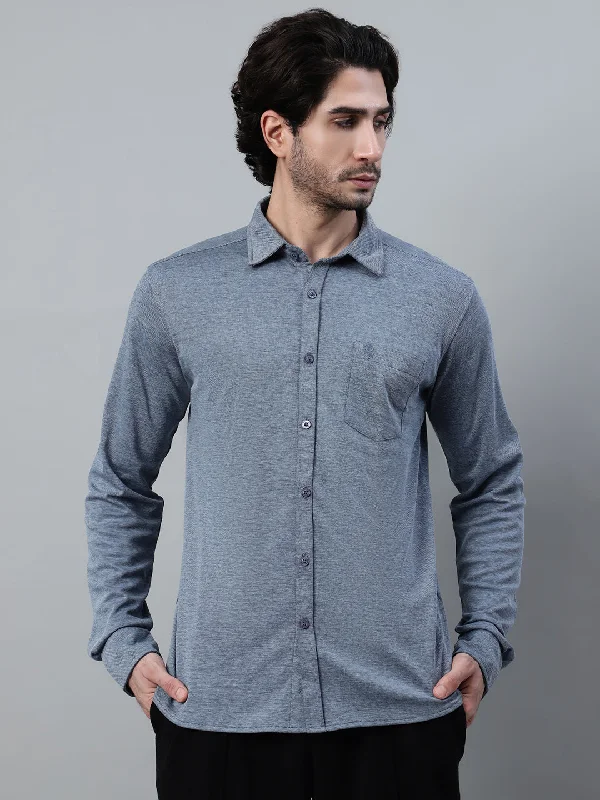 men's casual work shirts -Men's Blue Melange Casual Knit Self Textured Full Sleeve Shirt